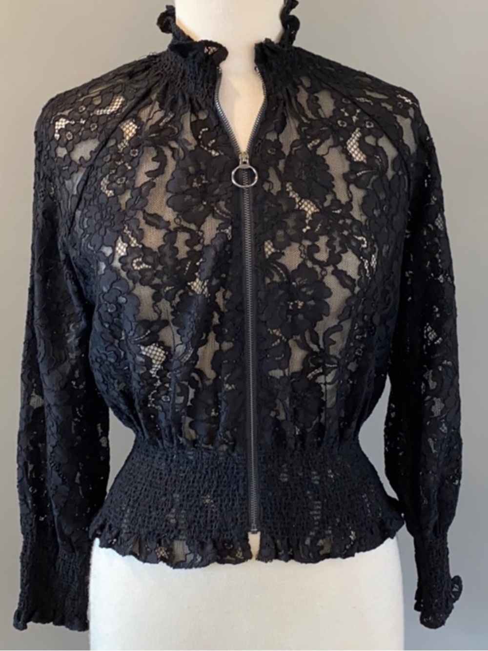 Rebecca Taylor Silk Blend Lace Zip-Front Blouse